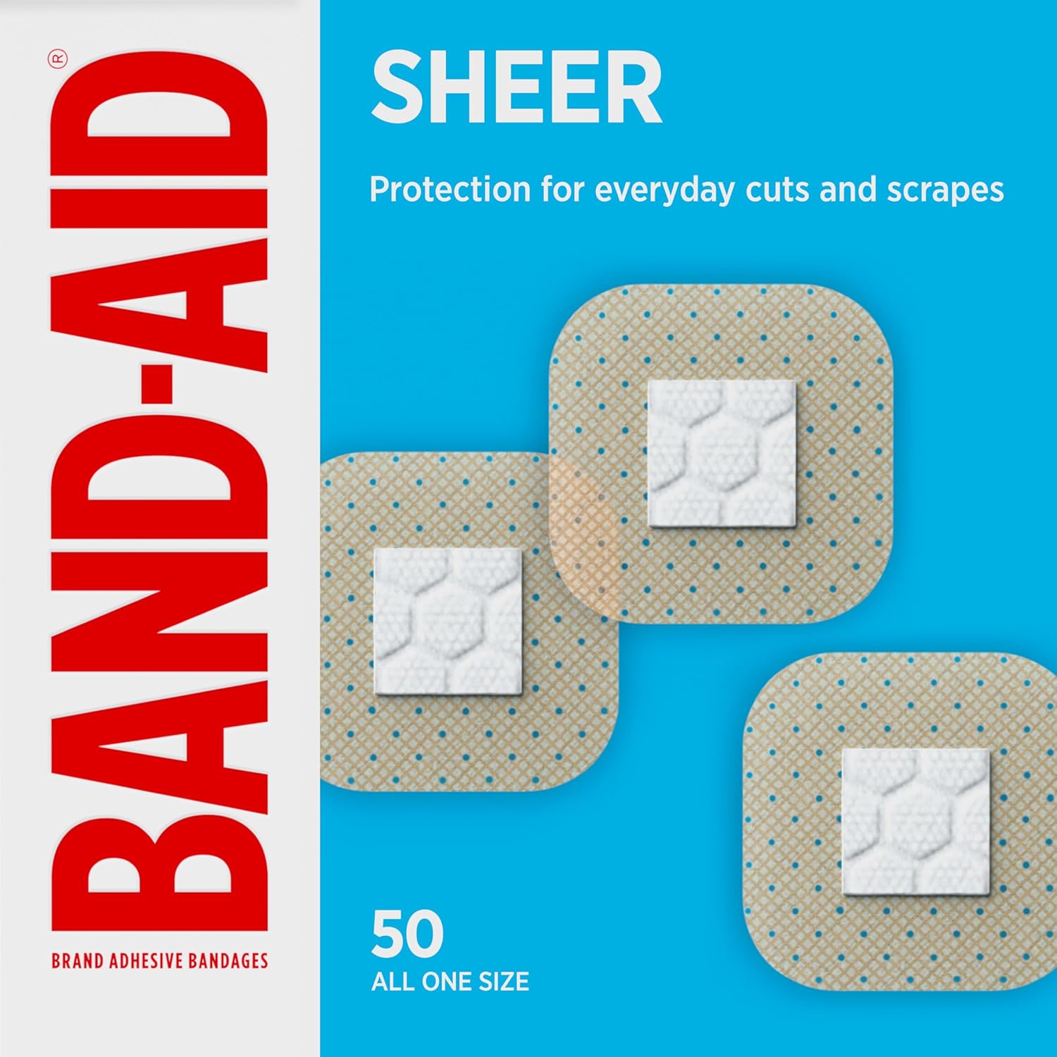 Band-Aid Brand Sheer Spots Adhesive Small Square Bandages front packaging view showing fifty count box.