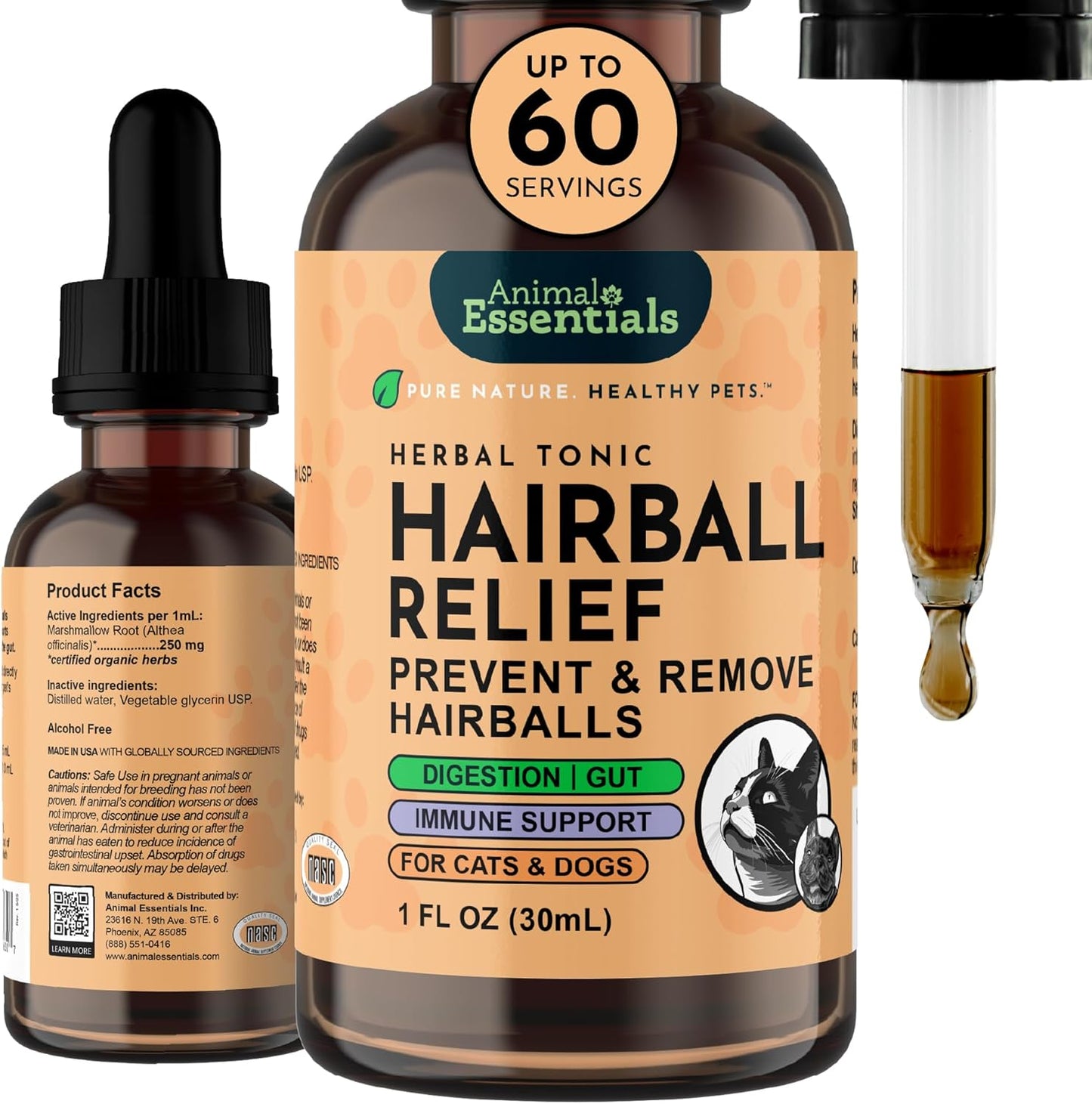 Animal Essentials Hairball Relief Formula 1 fluid ounce bottle front view natural pet supplement