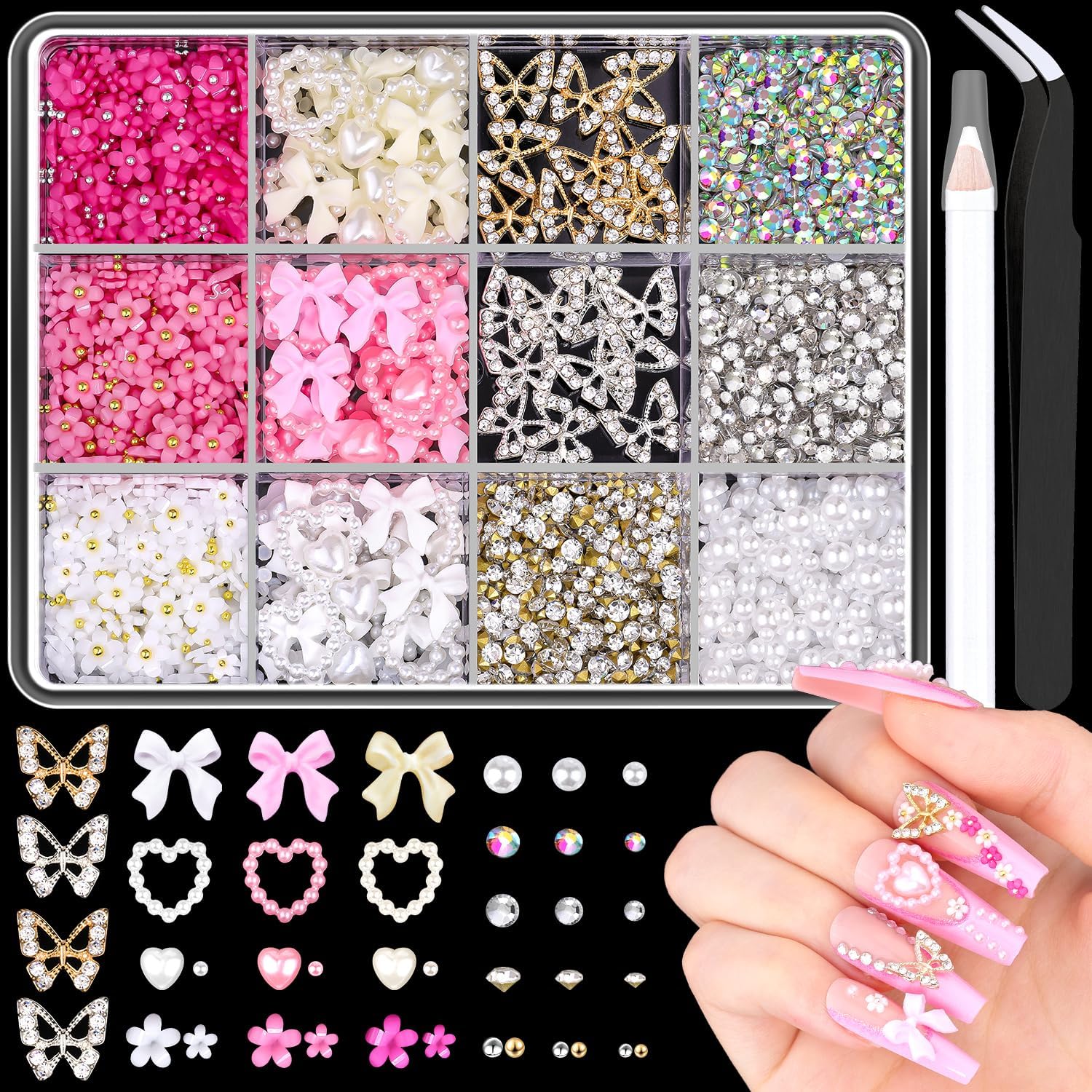 Belleboost 3D Nail Charms and Gems Set with butterfly and bow charms front view.