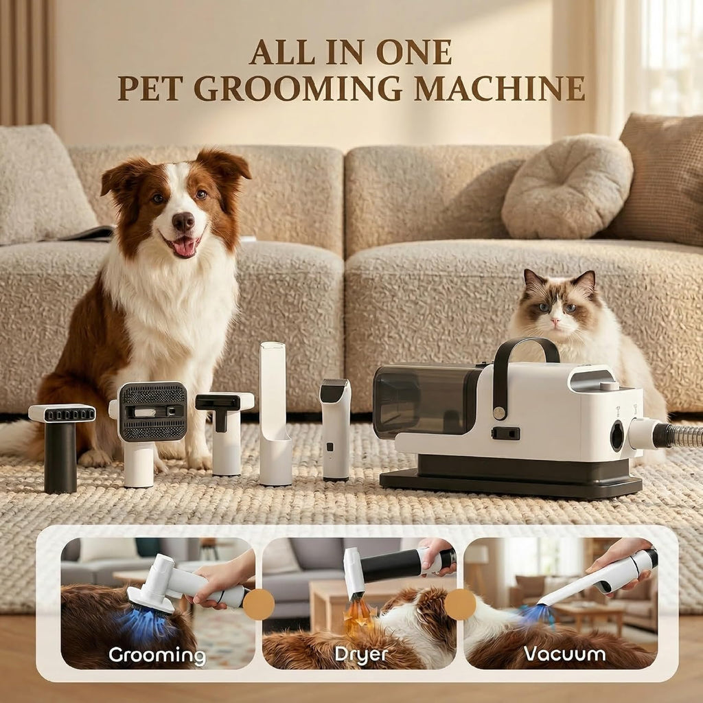Professional home dog deshedding tool and powerful suction canister setup.
