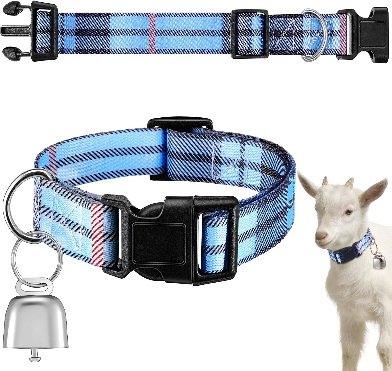 Yeyeplum Bohemia Blue Stripes Goat Collar with Grazing Bell laid flat showing the blue striped patterned strap and attached bronze bell.