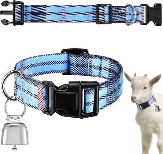 Yeyeplum Bohemia Blue Stripes Goat Collar with Grazing Bell laid flat showing the blue striped patterned strap and attached bronze bell.