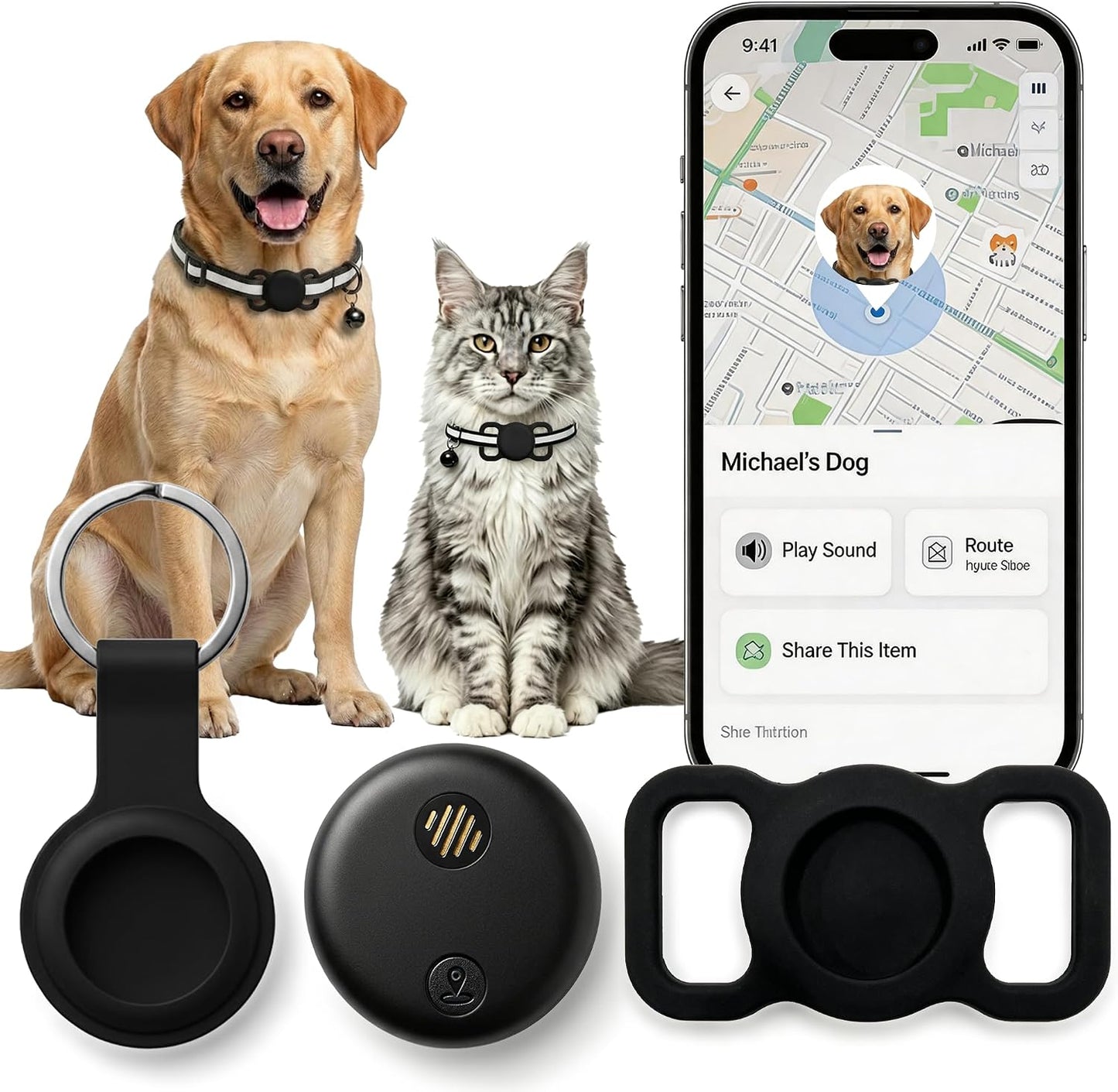 Loverstarlight GPS dog tracker in black showing the front view of the compact smart pet finder.