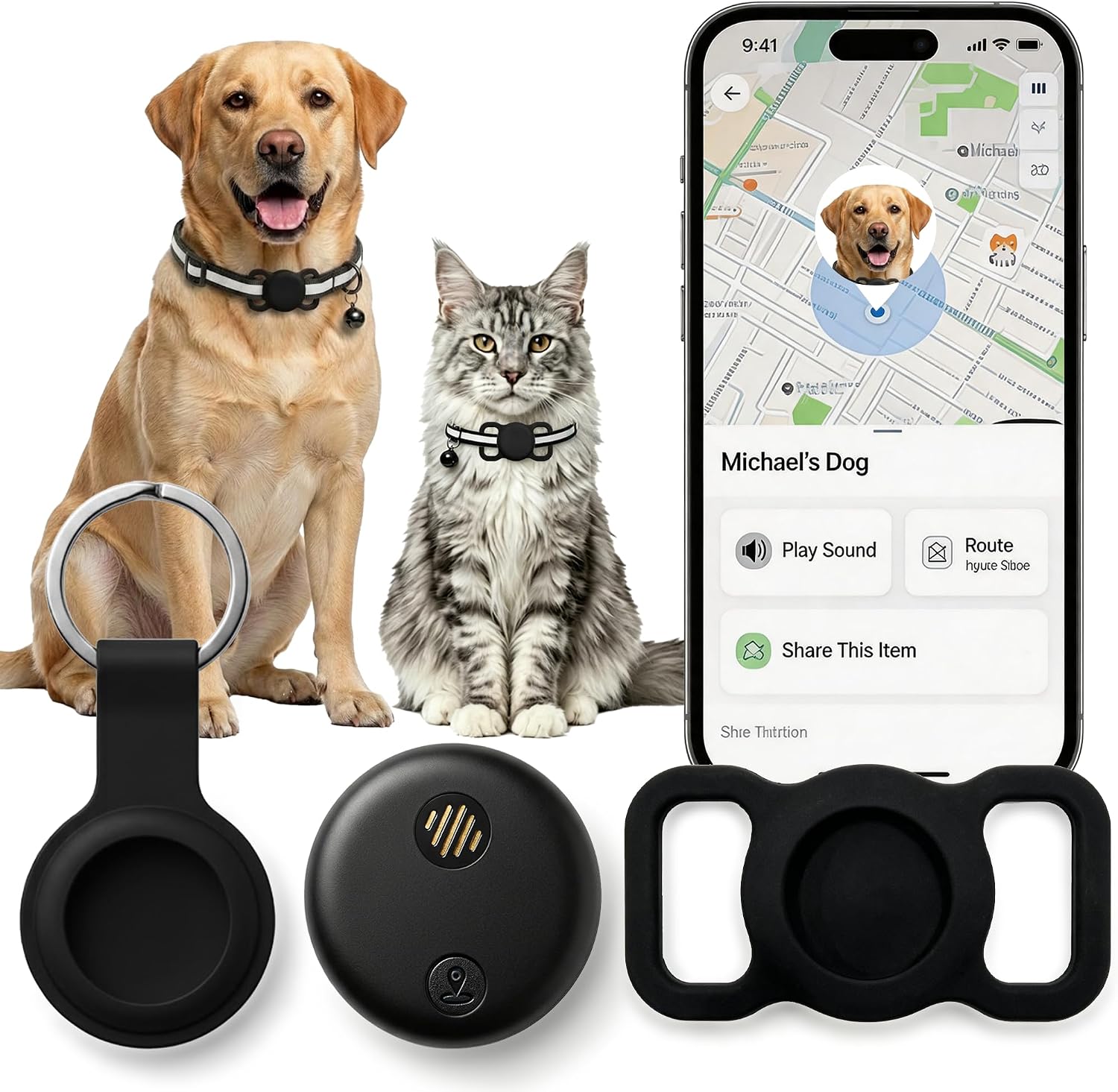 Loverstarlight GPS dog tracker in black showing the front view of the compact smart pet finder.