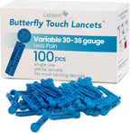 Genteel Butterfly Touch Lancets 100 pieces box front view showing authentic product packaging.