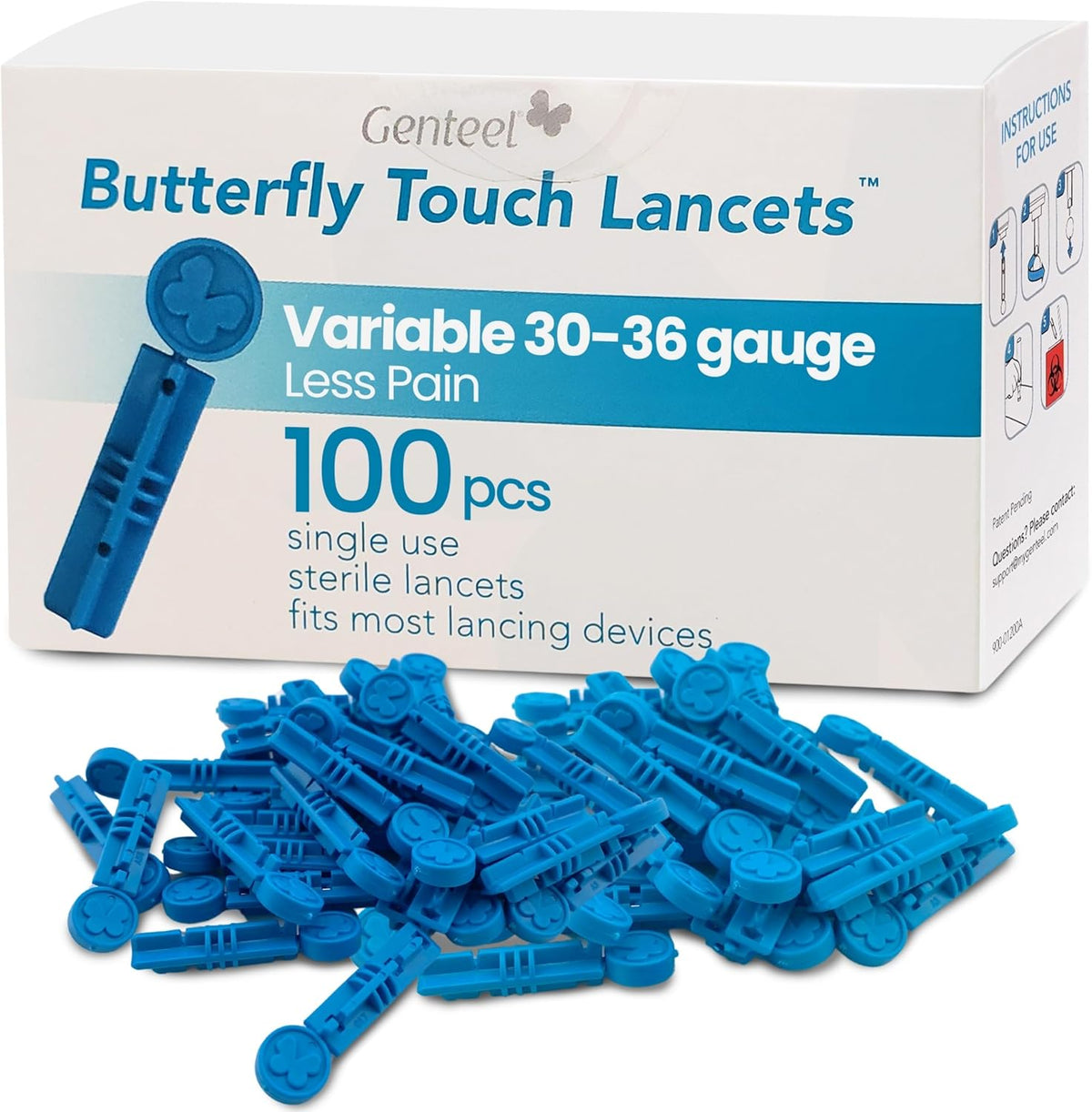 Genteel Butterfly Touch Lancets 100 pieces box front view showing authentic product packaging.