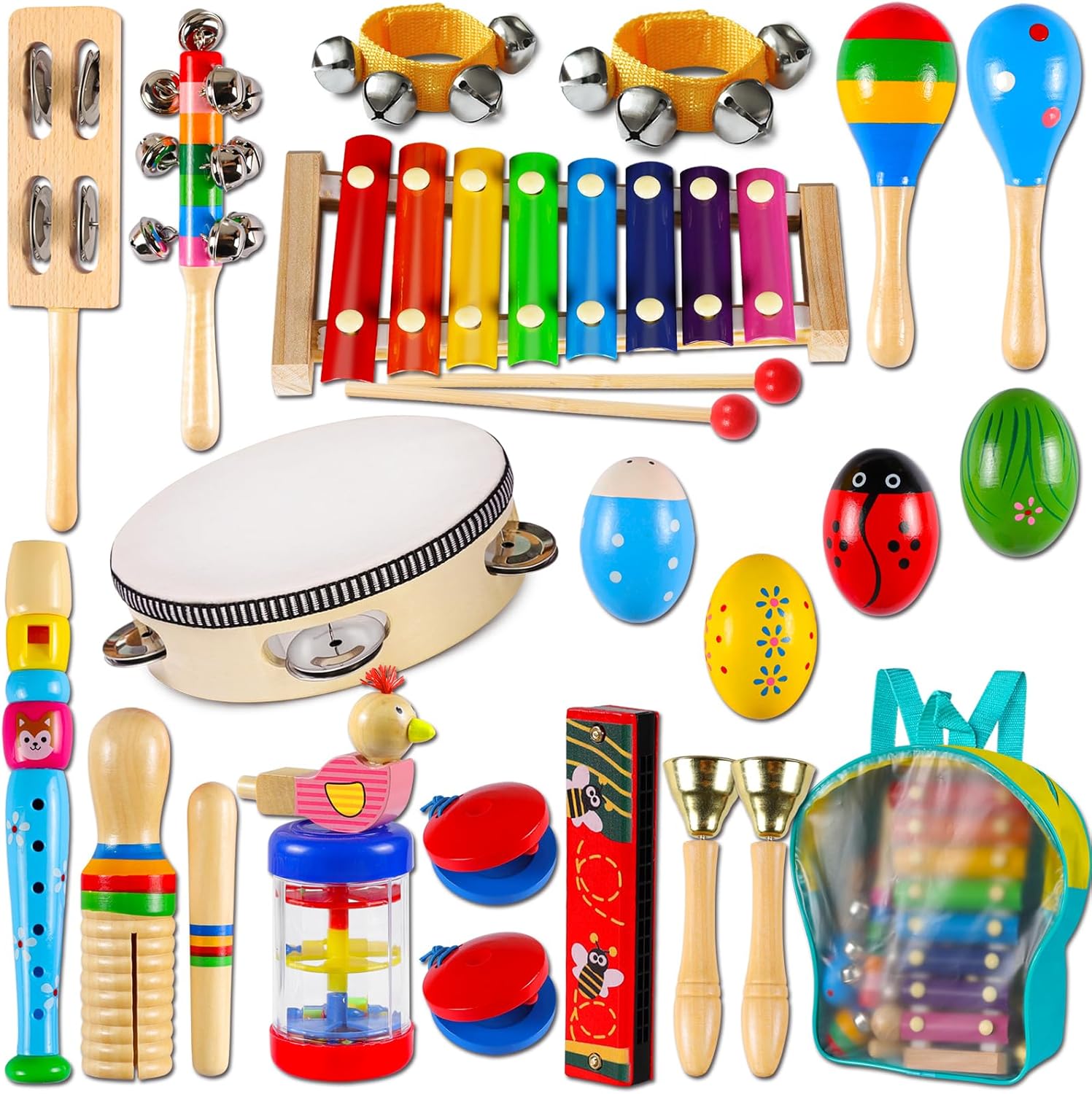 LOOIKOOS toddler musical instruments wooden percussion set front view display with storage bag
