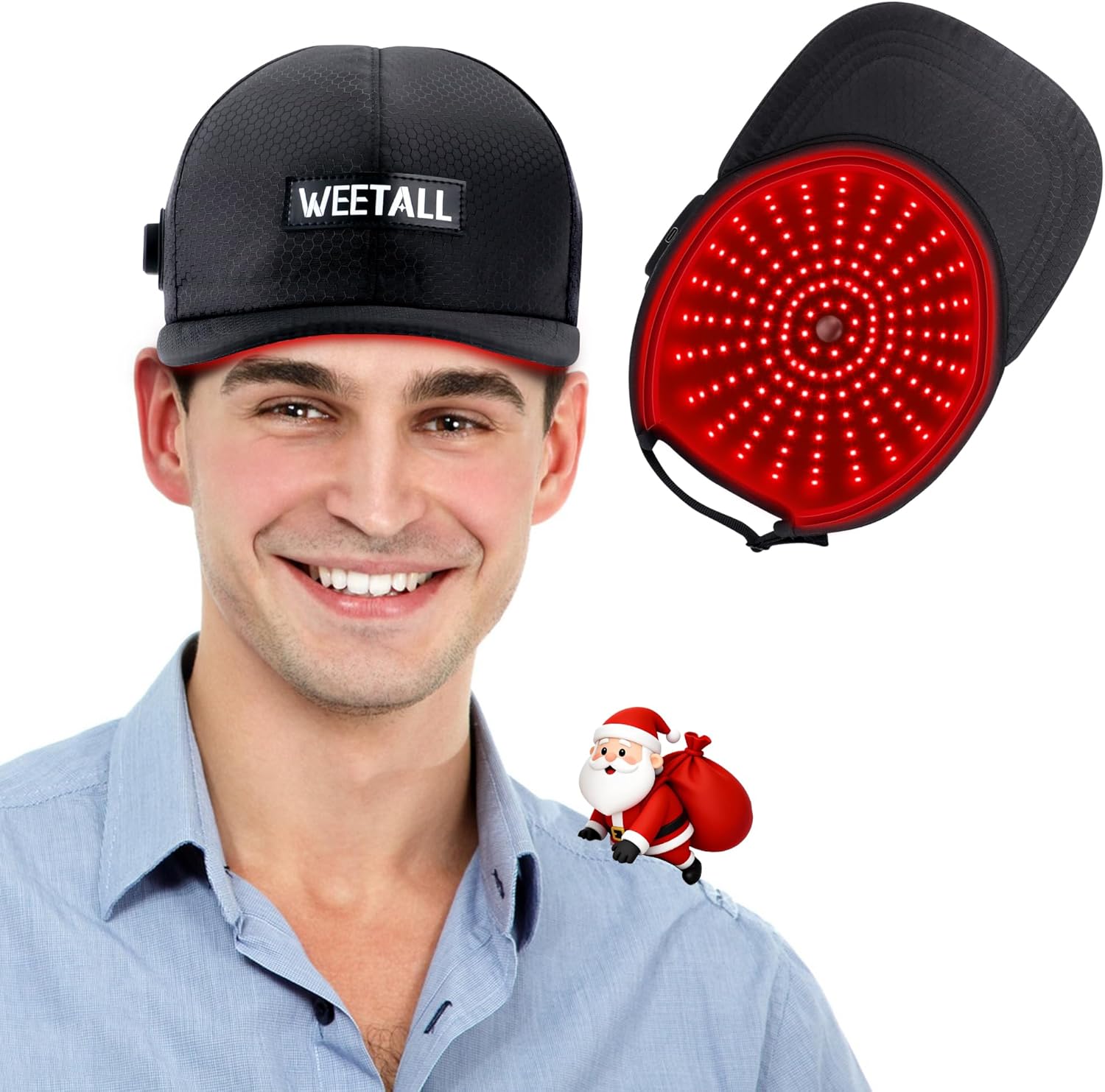 WEETALL cordless red light therapy cap for hair growth front view showing the sleek black baseball hat design.