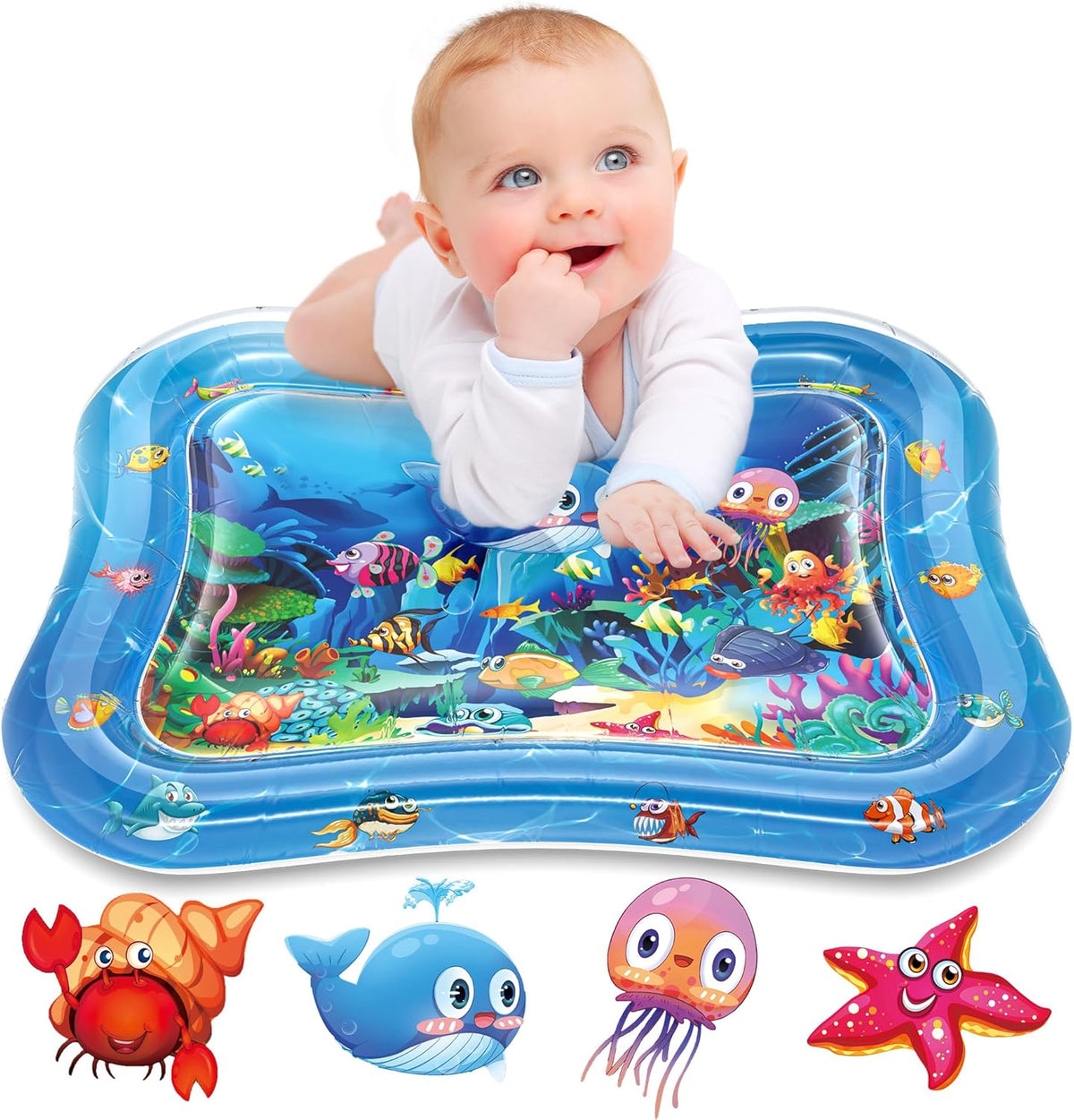 Infinno inflatable tummy time mat front view showing colorful ocean graphics