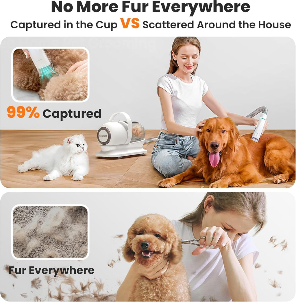 Neakasa P1 Pro de-shedding tool removing thick undercoat hair from a pet