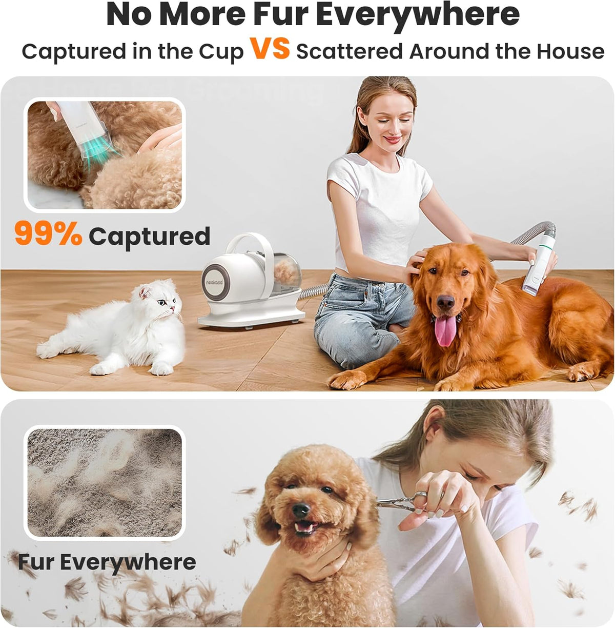 Neakasa P1 Pro de-shedding tool removing thick undercoat hair from a pet