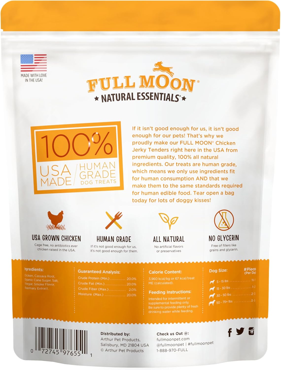 Full Moon natural dog treats bag with human grade label