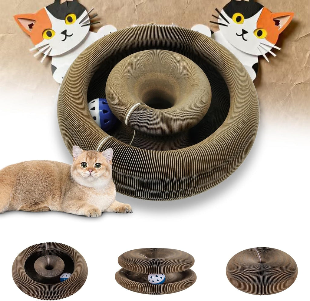 ZLAFM magnetic magic organ cat scratcher toy front view showing circular accordion cardboard structure with internal bell track.