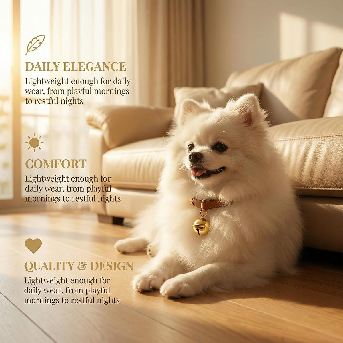 Gentle Sound Bell Pet Charm for Medium Dogs & Larger Cats (Check Size) - Vintage Gold Pendant with Secure Clip, Muted Soft Tinkle Bell, Quiet Collar Accessory (Gold) - Image 9