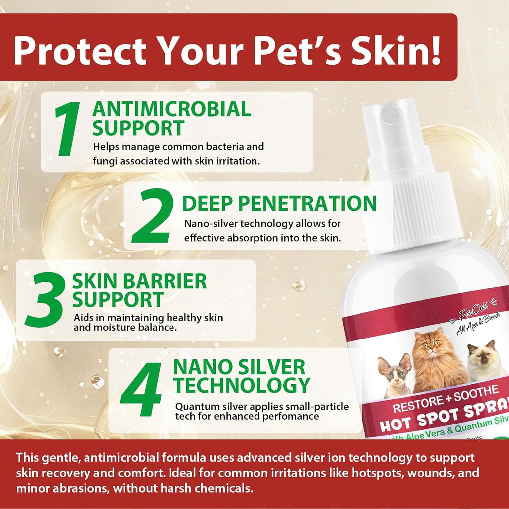 Feline skin care spray highlighting quantum silver and lavender essential oil benefits.
