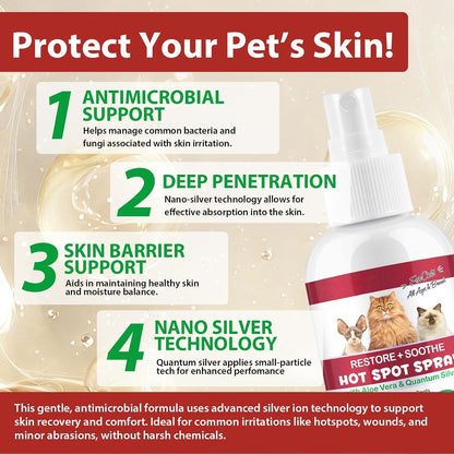 Feline skin care spray highlighting quantum silver and lavender essential oil benefits.