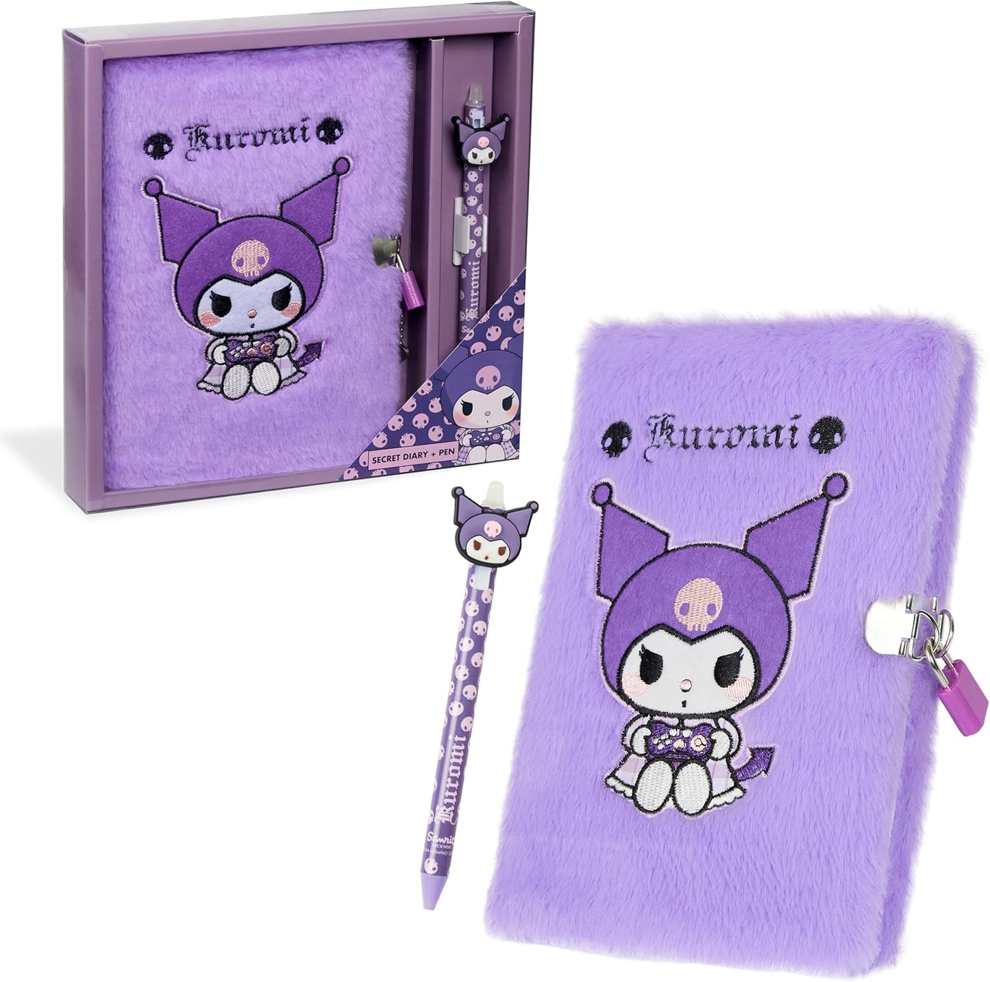 Hello Kitty Kuromi lockable diary and pen set purple front view