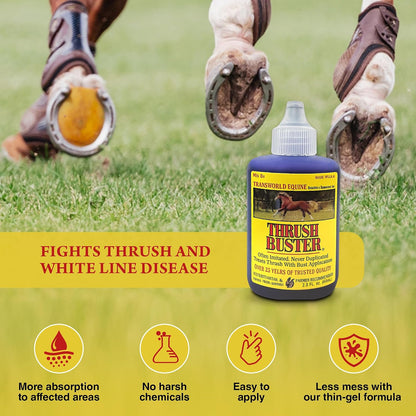 Authentic Thrush Buster premium horse farrier product container setup on plain background