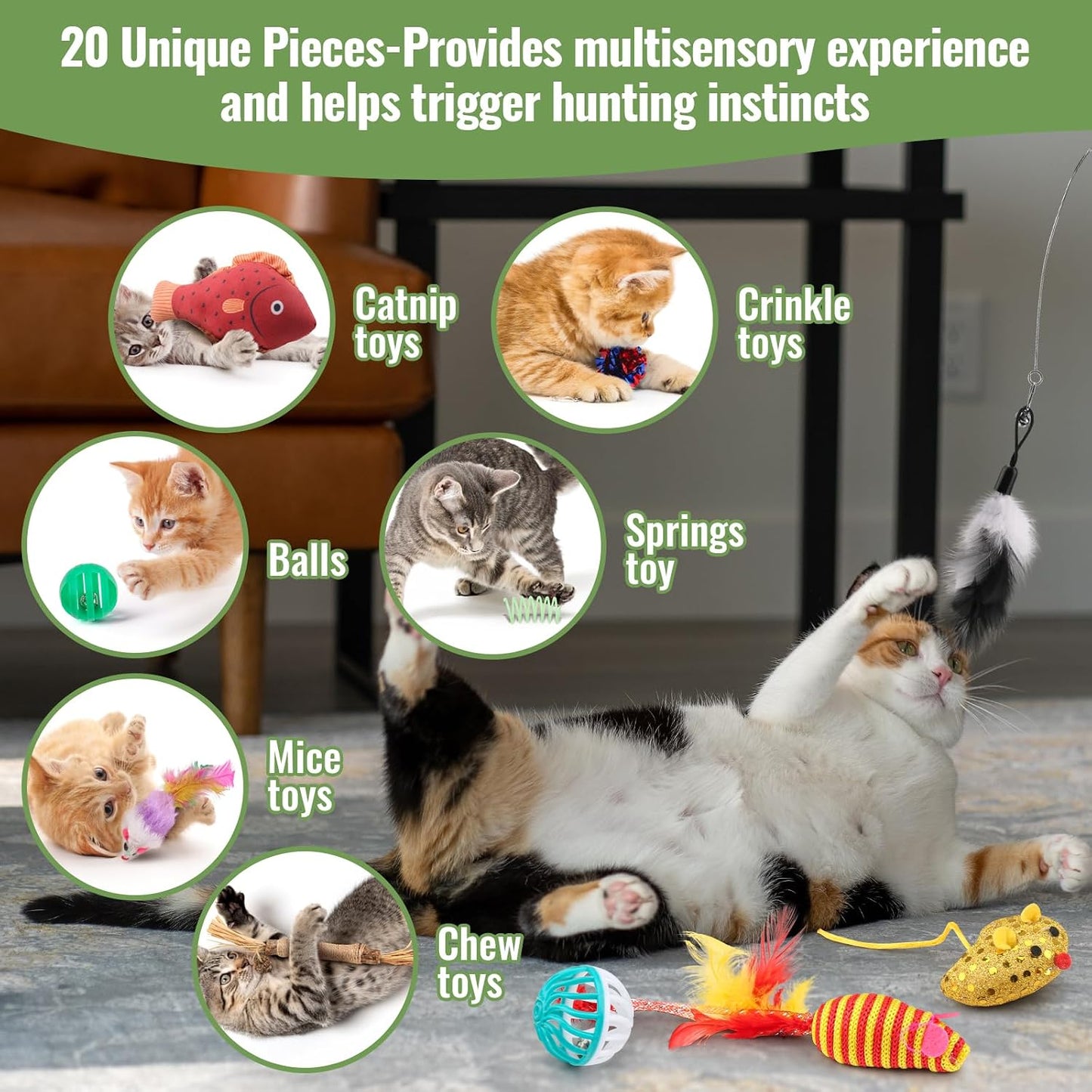 Assorted pet play bundle featuring jingle bells and sisal rope toys for cats.