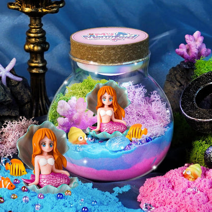 Winnrok Light Up Mermaid Terrarium Craft Kit front view of fully assembled glowing night light jar