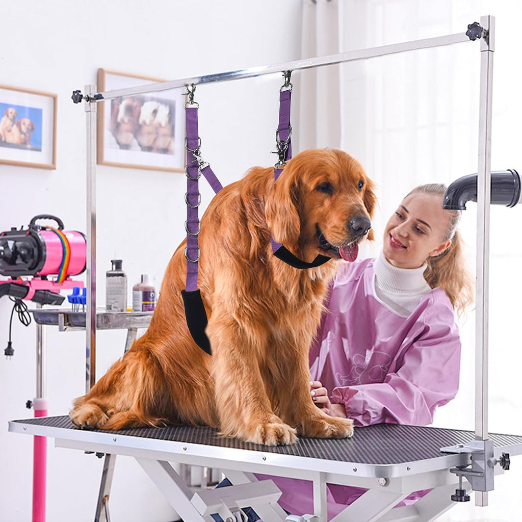 Heavy duty dog grooming belly sling attached to a table arm extender clamp.