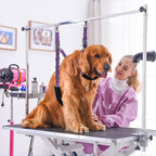Heavy duty dog grooming belly sling attached to a table arm extender clamp.