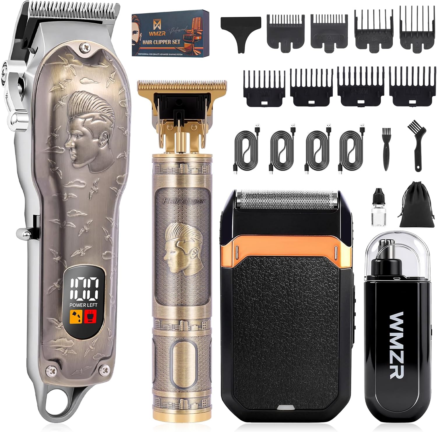 WMZR Professional Hair Clipper Set front view featuring the gold vintage embossed dragon design.