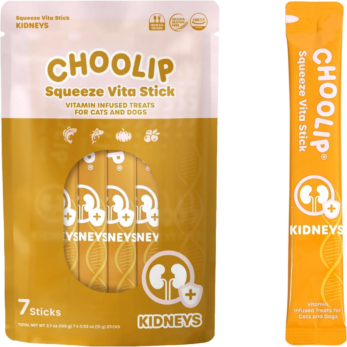 Choolip Squeeze Vita Stick Lickable Cat and Dog Treats, 7-Count Kidney Support, Tuna and Pollack with Pumpkin, Blueberry and Omega-3, Grain-Free, Vet-Formulated - Image 1