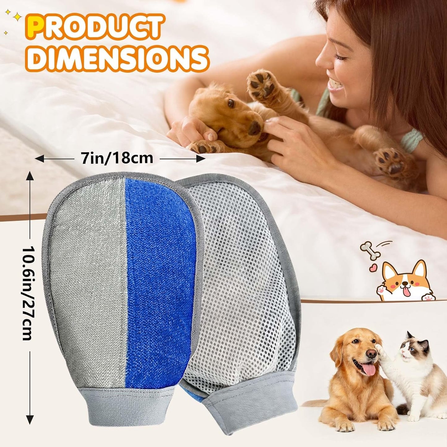 Blue grey pet fur remover glove removing cat hair from carpet