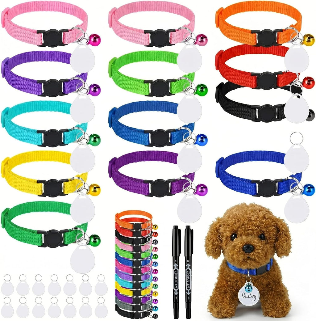 Small puppies wearing the colorful customized party favor collars at a celebration.