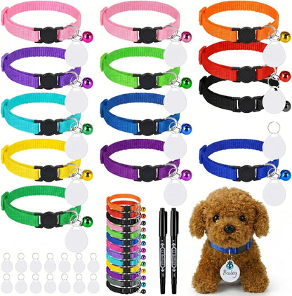 Small puppies wearing the colorful customized party favor collars at a celebration.