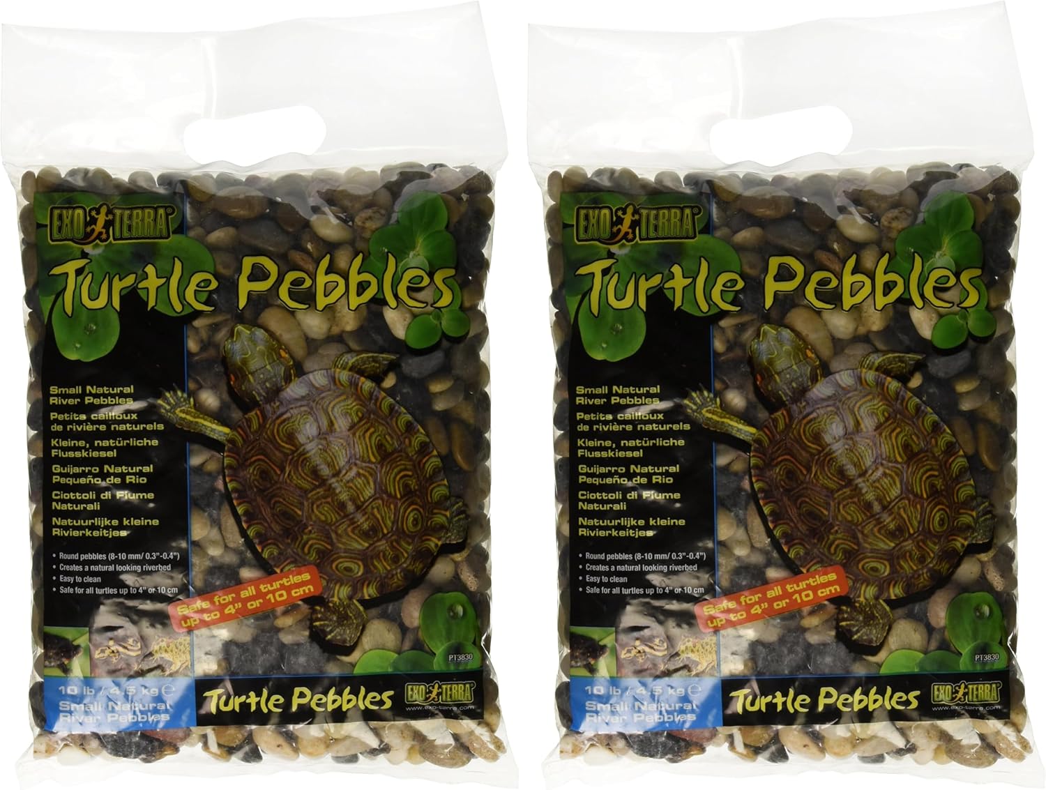 Exo Terra Turtle Pebbles packaging back detail with sizing instructions