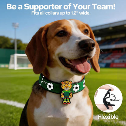 Close up view of the three pack FIFA World Cup mascot silicone slide on charms for pet collars.