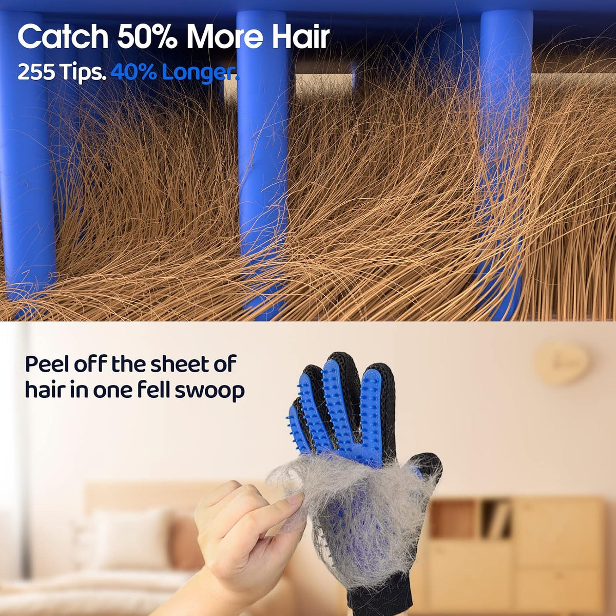 DELOMO right hand pet grooming glove close up of two hundred fifty five deshedding tips