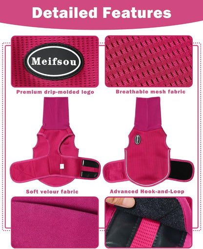 Dog wearing Meifsou calming jacket showing compression fit
