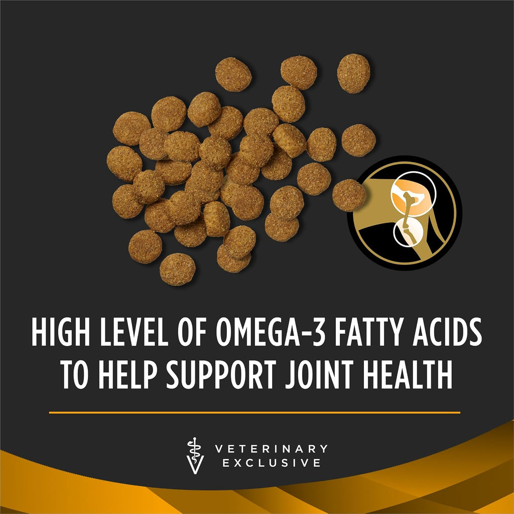 Purina Pro Plan JM Joint Mobility canine dry food premium formula showing omega three and glucosamine benefits label