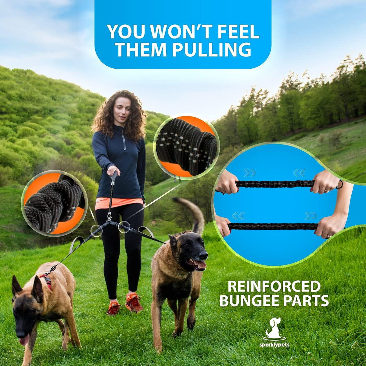 SparklyPets double dog walking lead highlighting the three ergonomic foam padded control handles