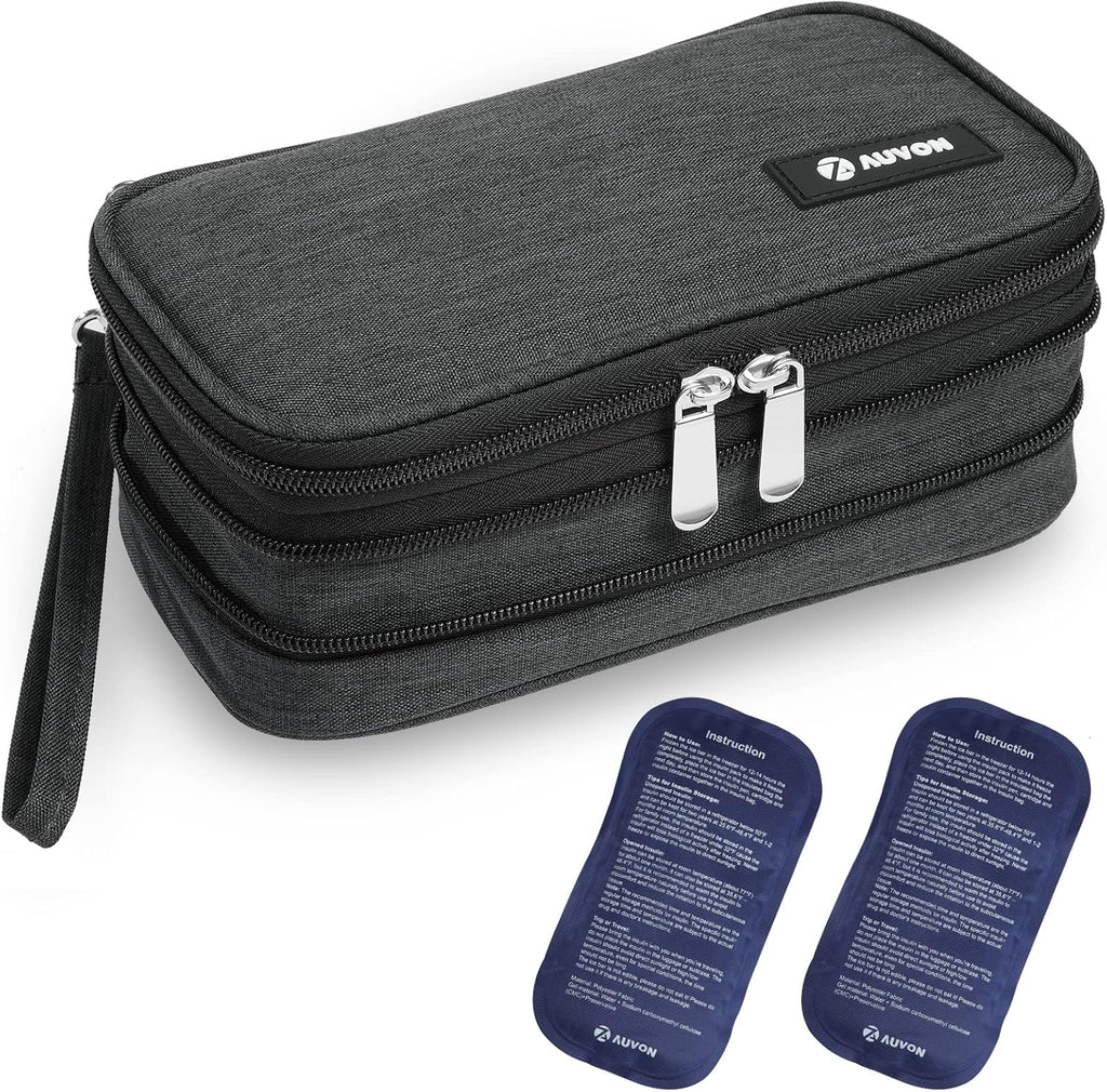 AUVON insulin cooler travel case front view showing expandable zipper design