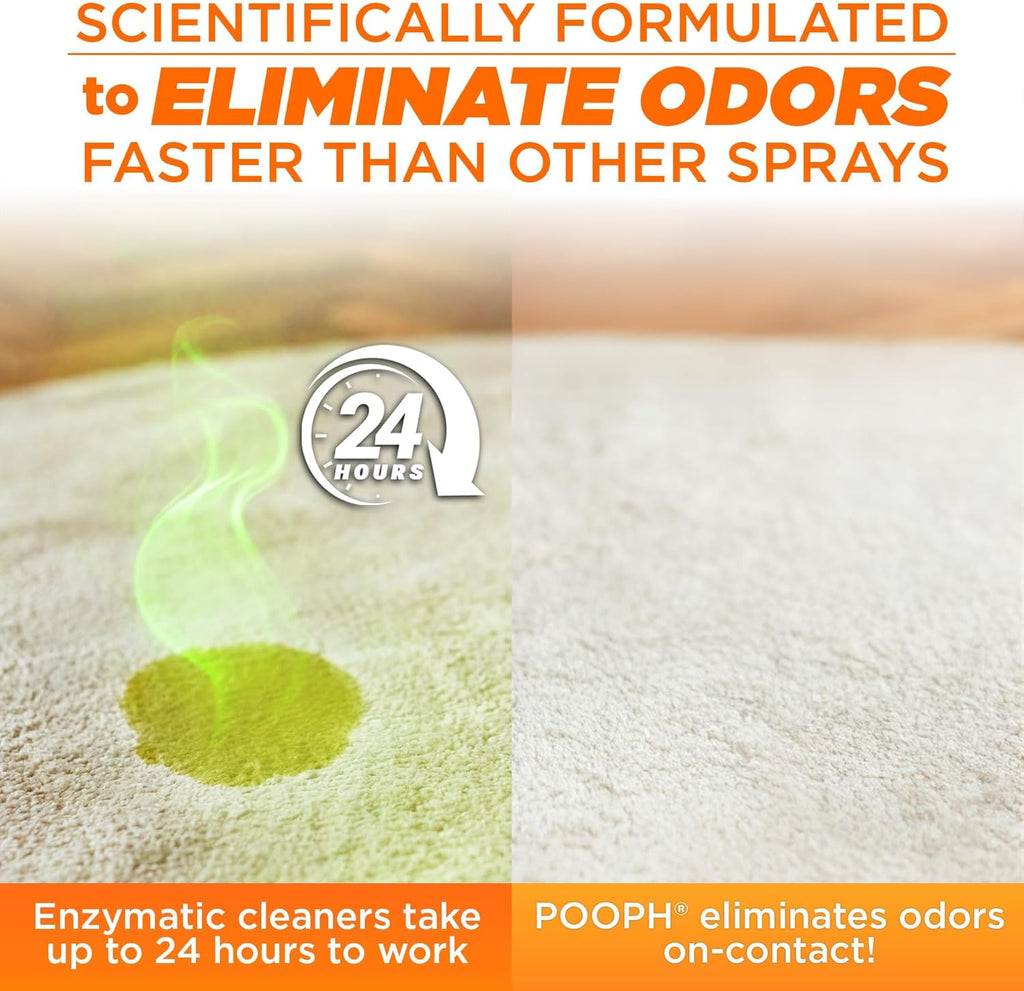 Pooph molecular pet odor eliminator being sprayed on a cat litter box
