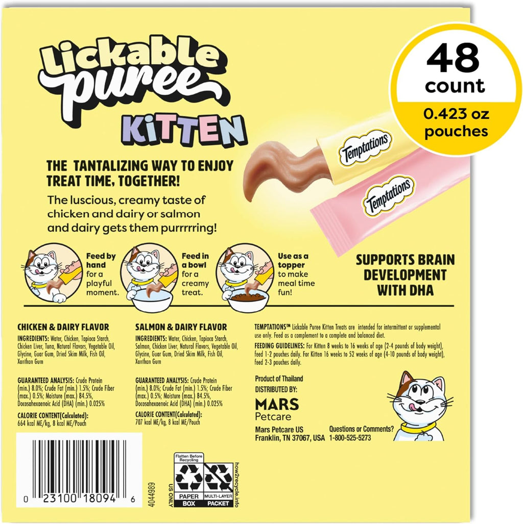 Temptations lickable kitten treat pouches in chicken and salmon flavors