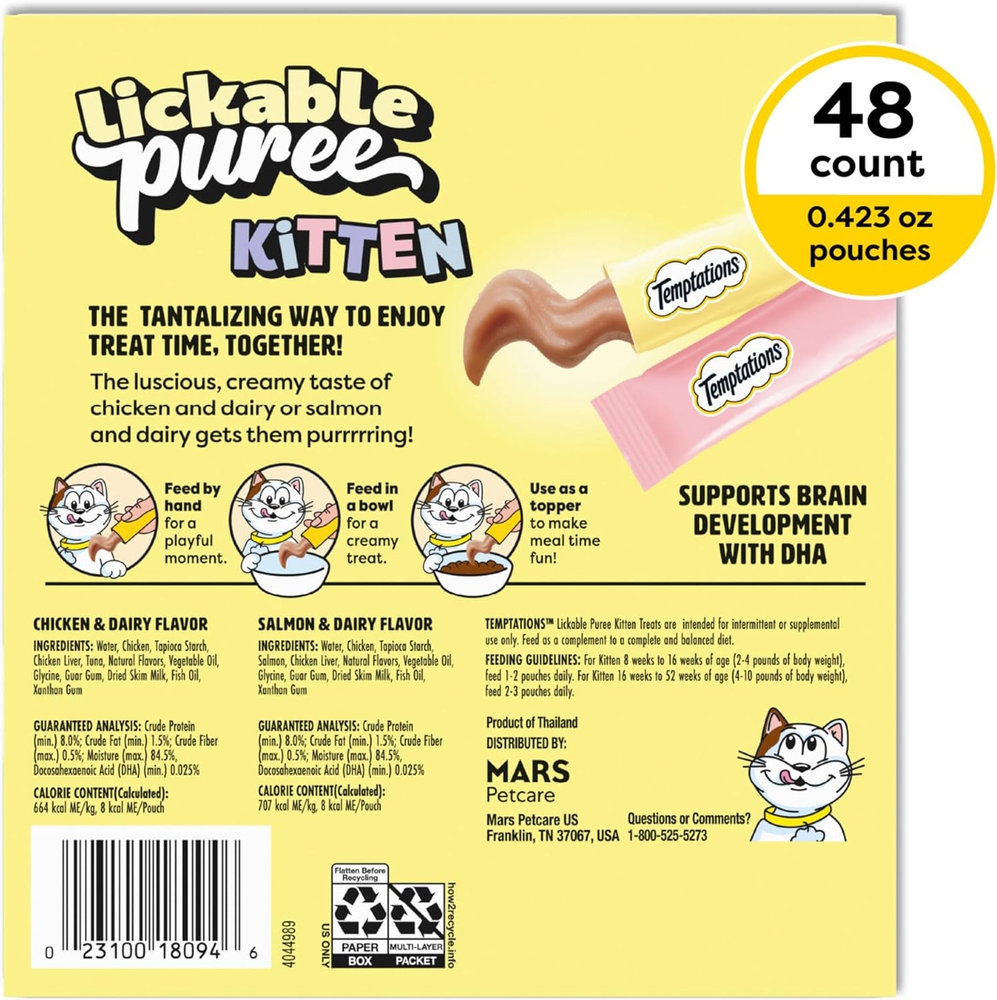 Temptations lickable kitten treat pouches in chicken and salmon flavors