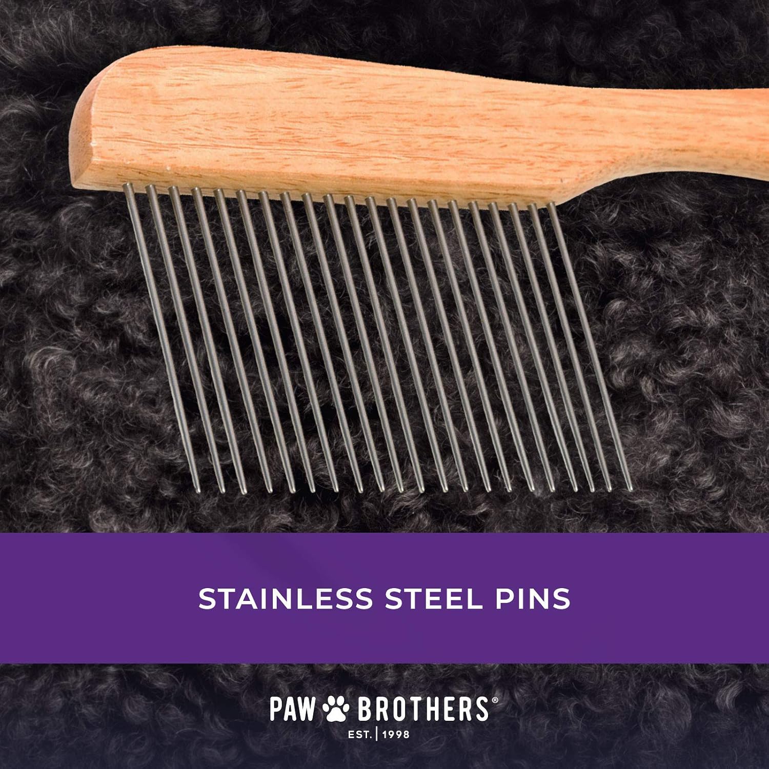 Close up view of the two point sixty two inch stainless steel teeth on Paw Brothers dog comb