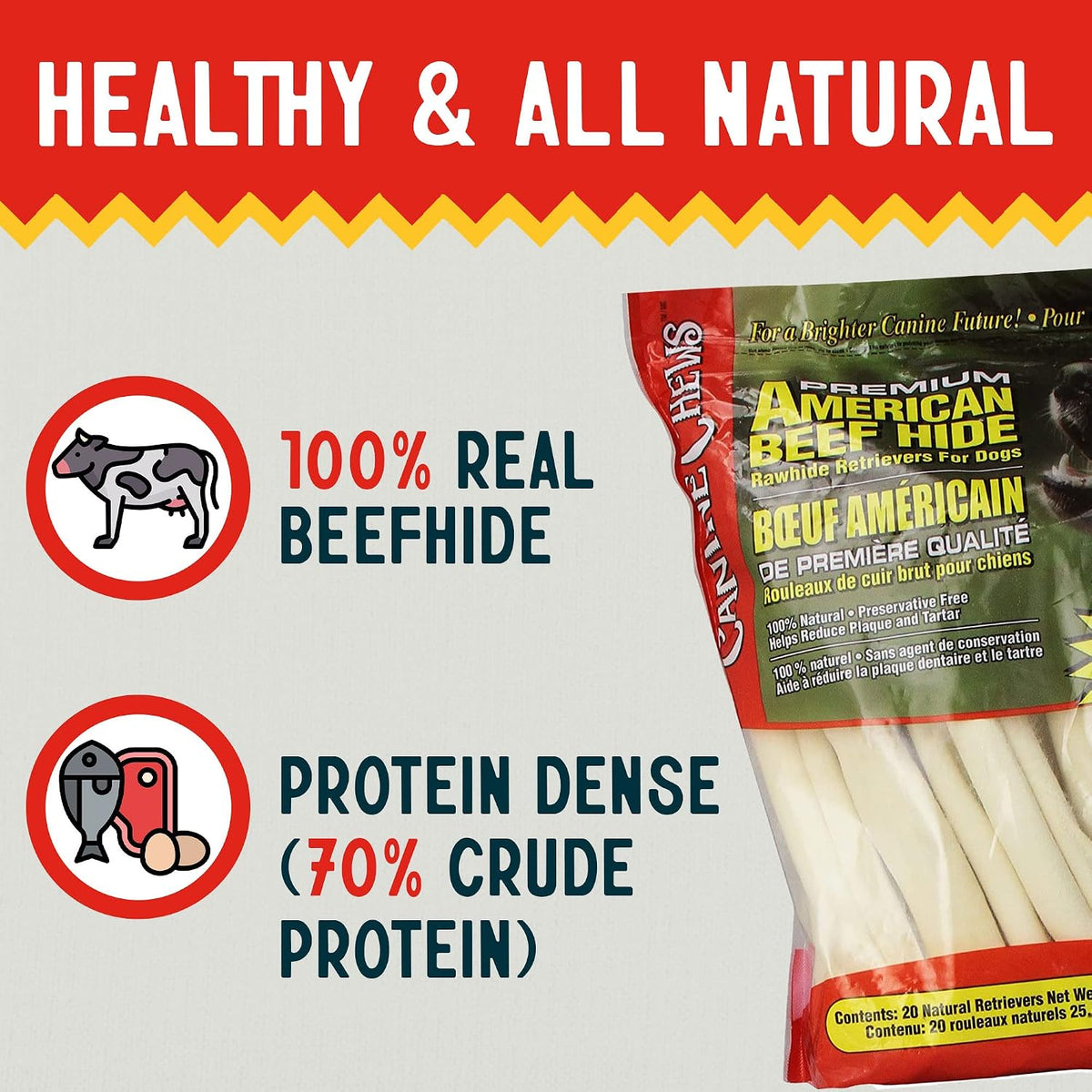 Durable five pound bulk pack of American dog rawhide bones.