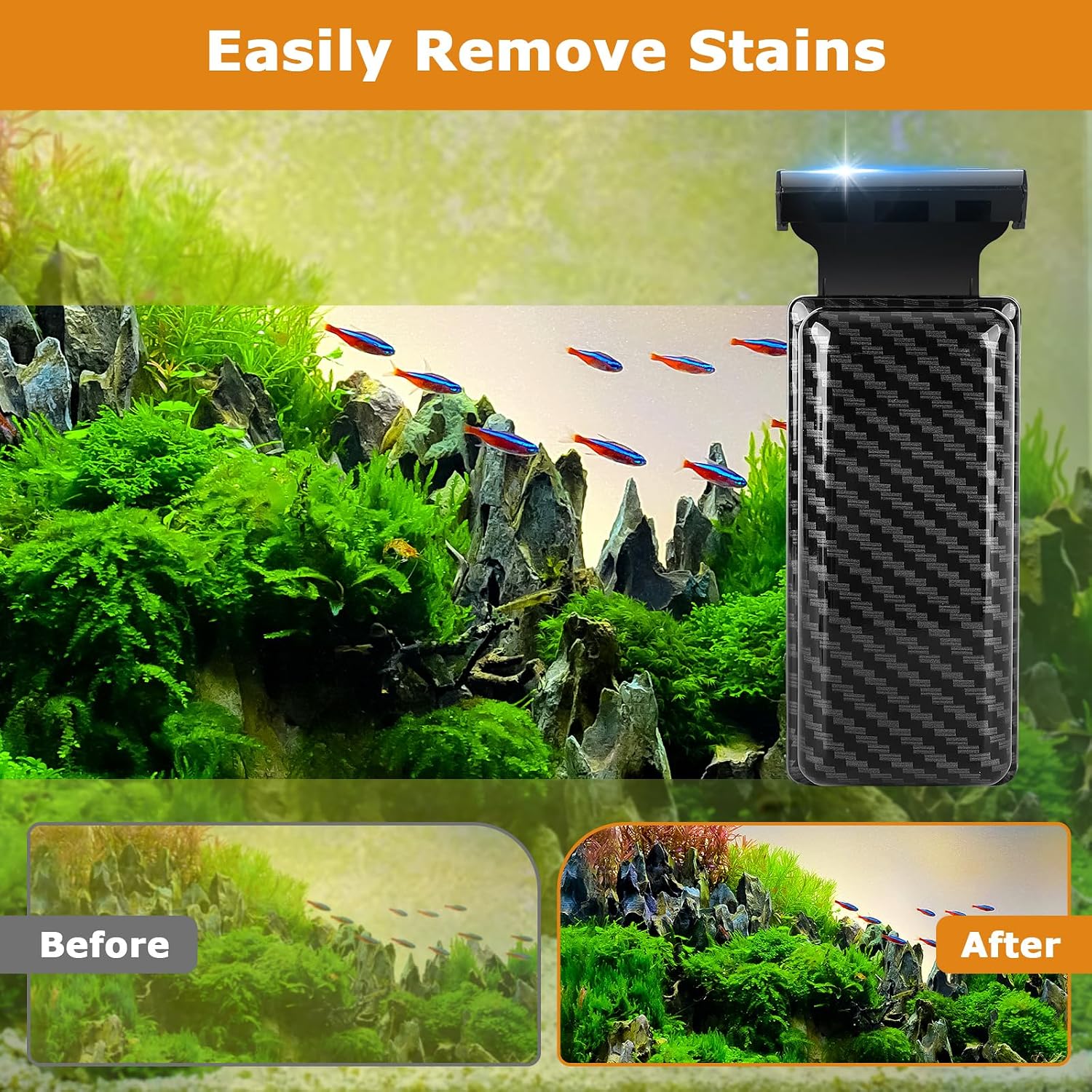 Aquarium glass cleaner tool with floating scrubber brush floating on water surface.