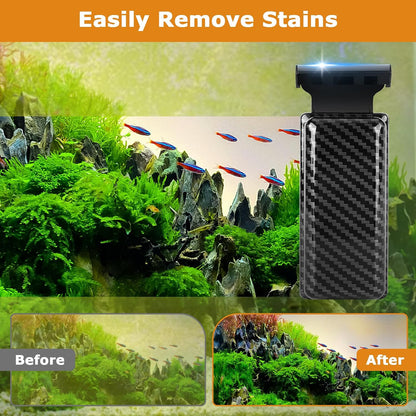 Aquarium glass cleaner tool with floating scrubber brush floating on water surface.