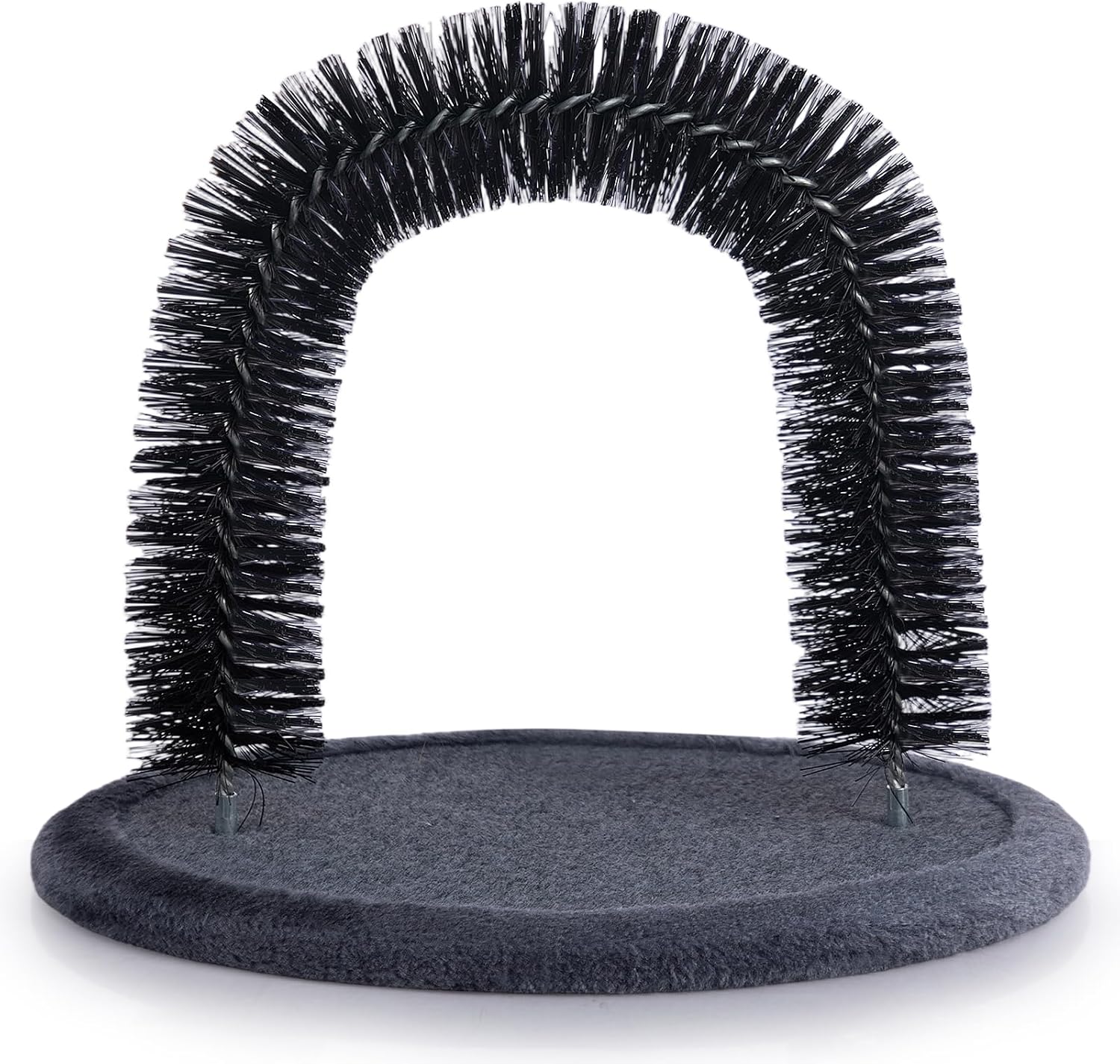 Hollypet cat arch brush for back grooming showing collected loose pet hair being removed.