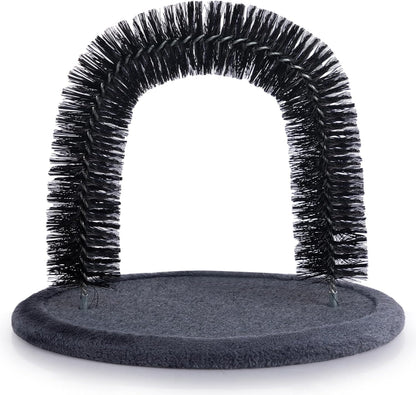 Hollypet cat arch brush for back grooming showing collected loose pet hair being removed.
