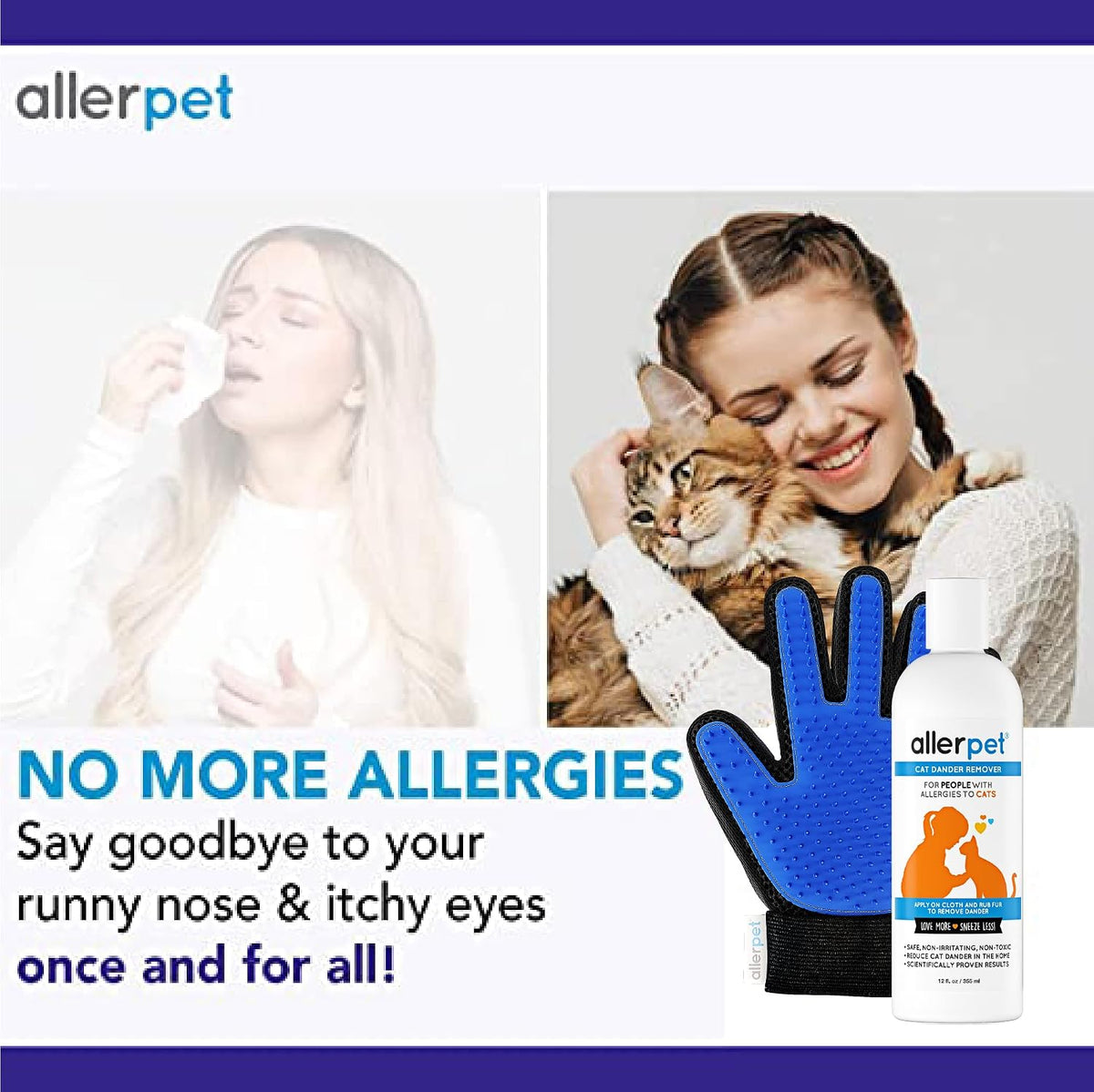 Allerpet Cat Dander Remover with green tea and chamomile extracts for conditioning cat fur.