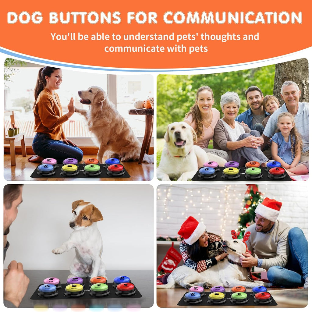 An interactive dog training session demonstrating positive reinforcement using recordable sound buttons.