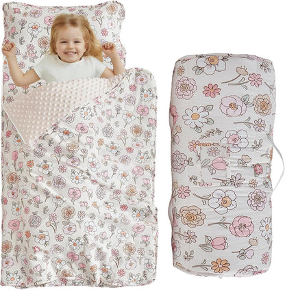 DuShow Floral Toddler Nap Mat front view unrolled showing pink flower design